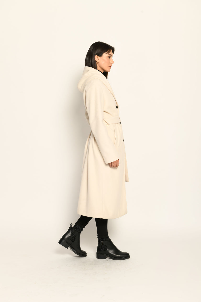 Langer cremefarbener Mantel für Damen mit Kapuze und Bindegürtel in der Taille - Seitenansicht rechts