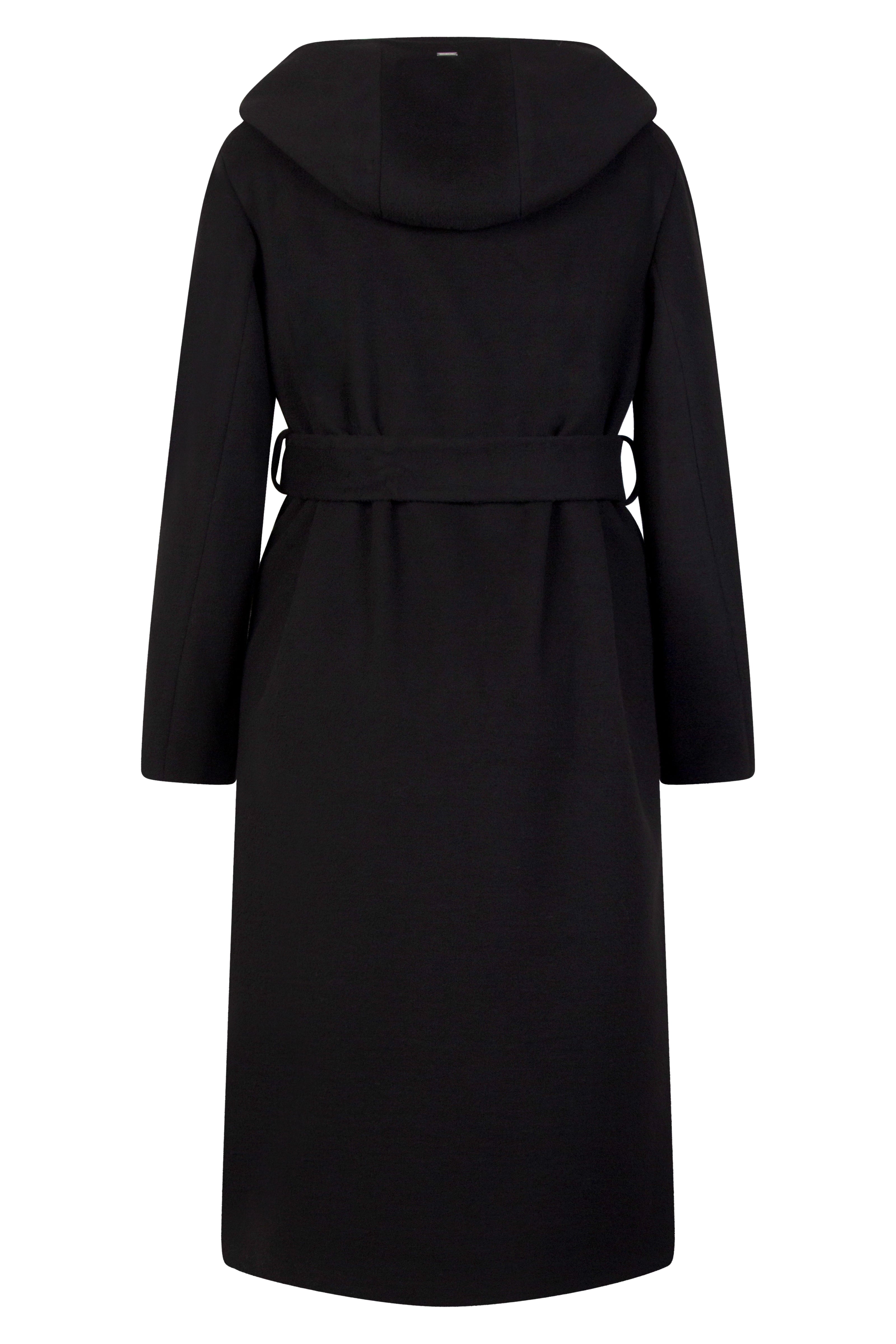 Langer schwarzer Mantel für Damen mit schrägen Leistentaschen, Kapuze und Bindegürtel in der Taille – Rückansicht