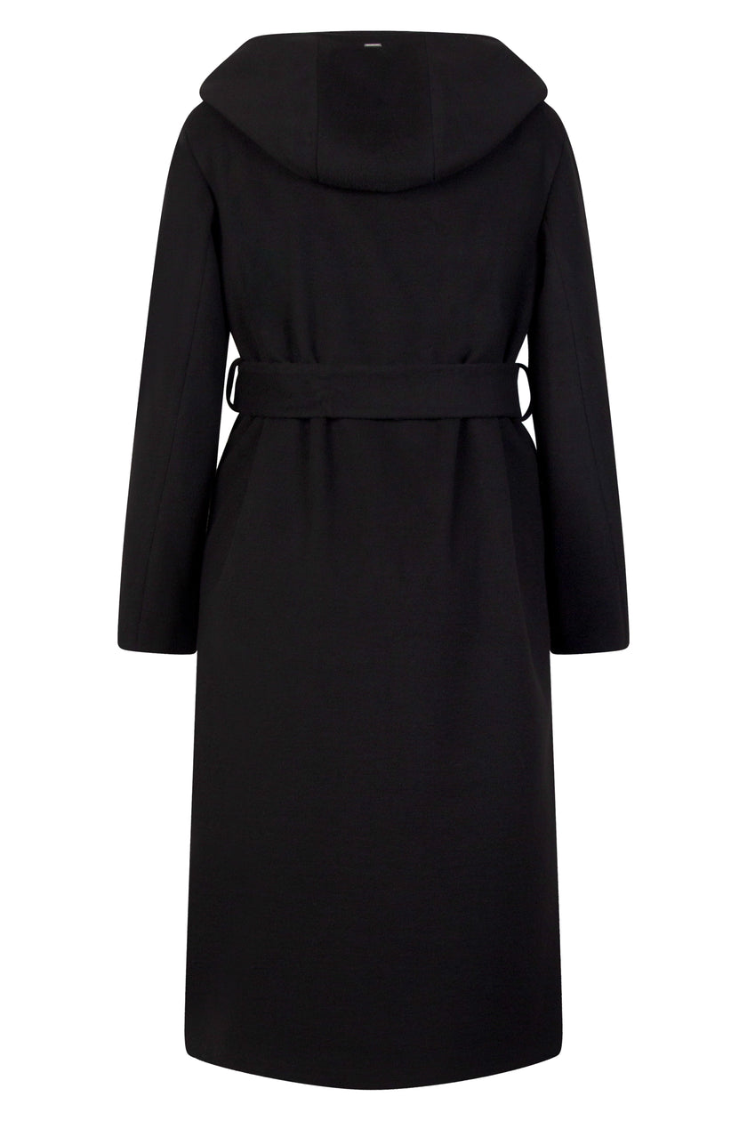 Langer schwarzer Mantel für Damen mit schrägen Leistentaschen, Kapuze und Bindegürtel in der Taille – Rückansicht
