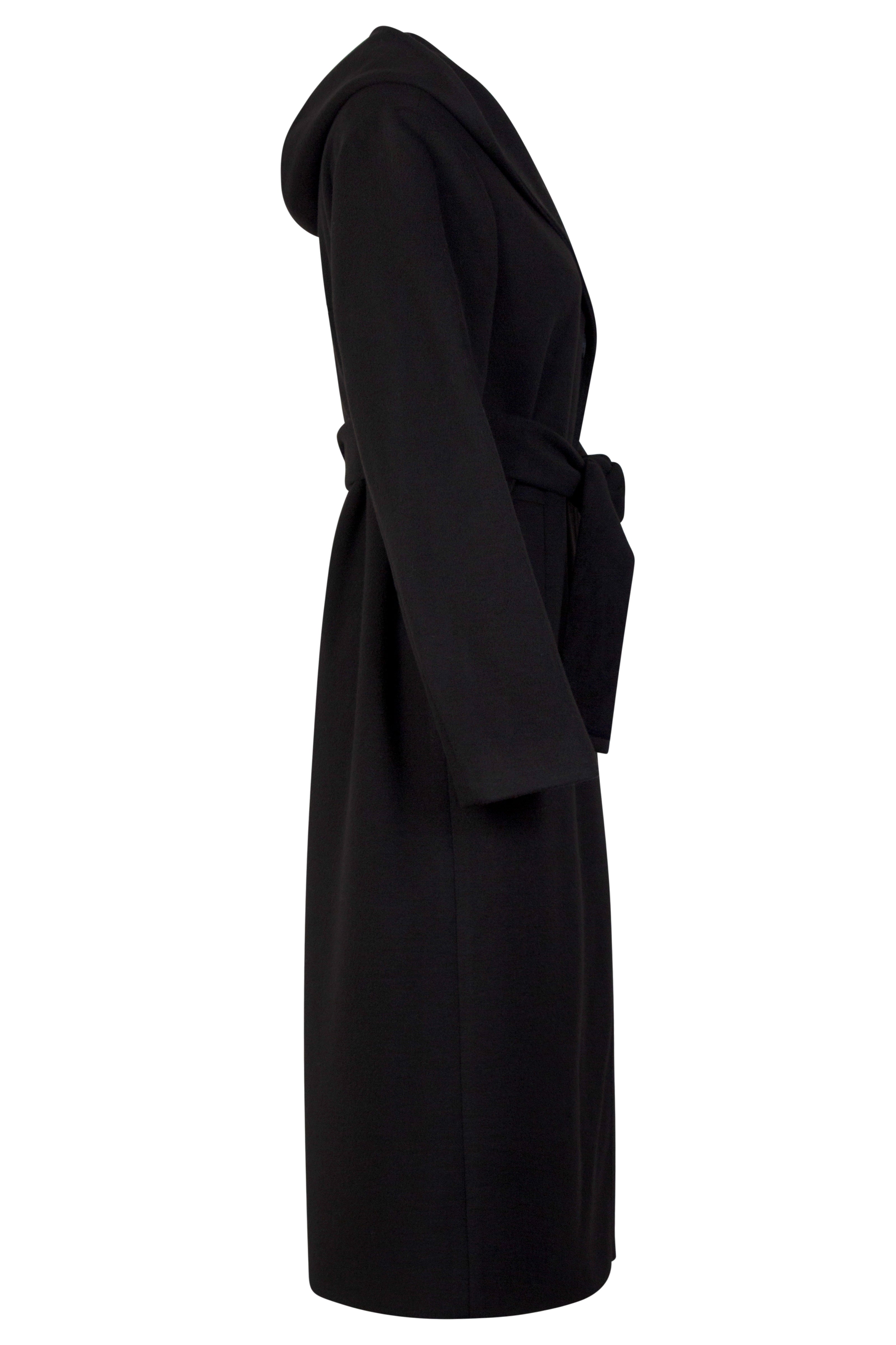 Langer schwarzer Mantel für Damen mit schrägen Leistentaschen, Kapuze und Bindegürtel in der Taille – Seitenansicht