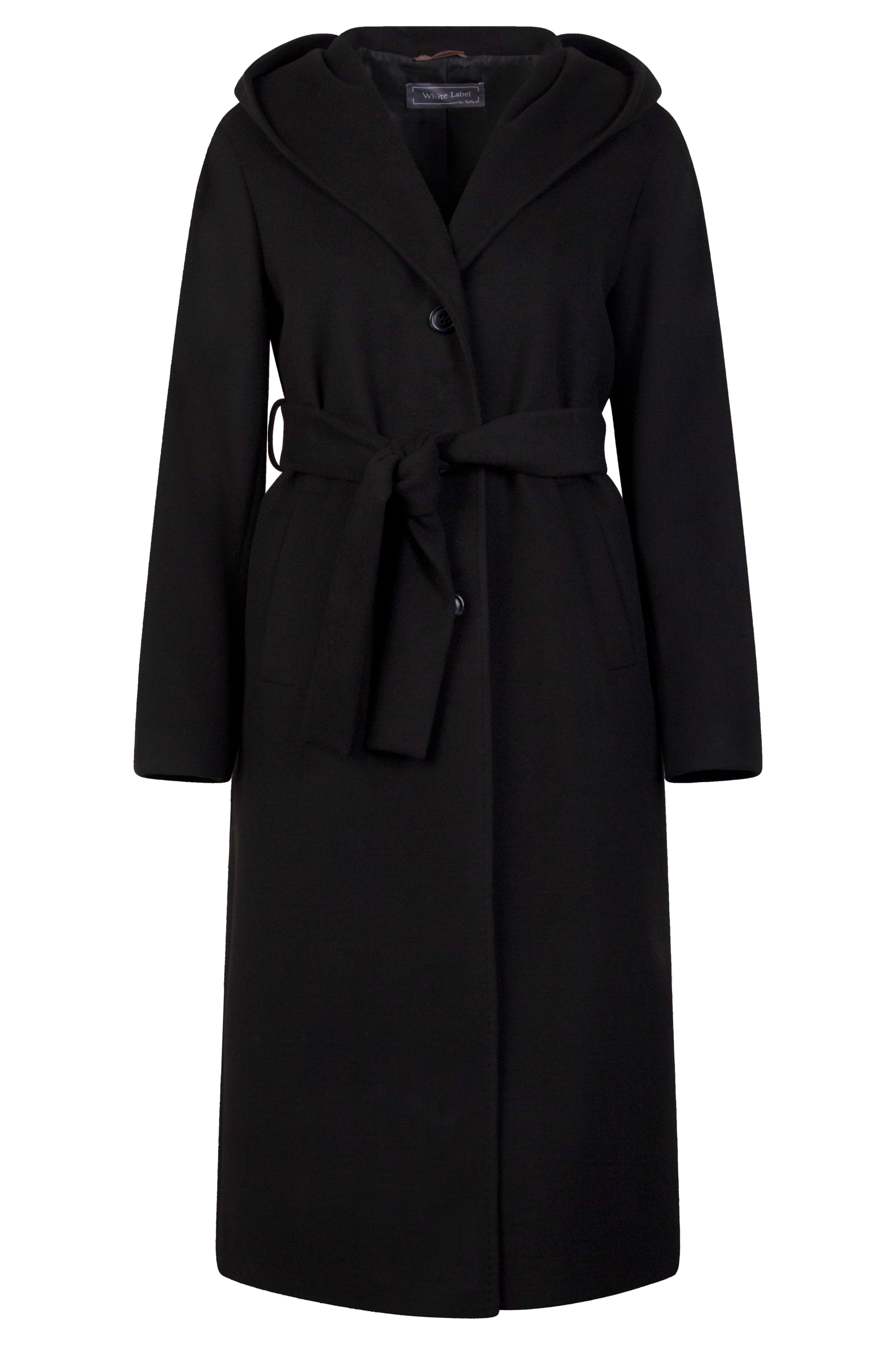 Langer schwarzer Mantel für Damen mit schrägen Leistentaschen, Kapuze und Bindegürtel in der Taille – Rückansicht