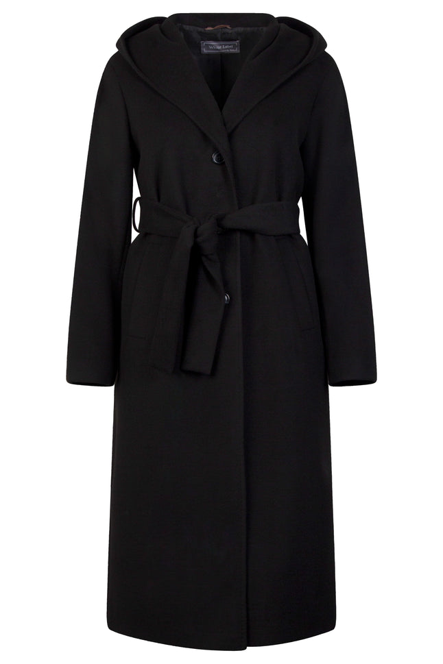 Langer schwarzer Mantel für Damen mit schrägen Leistentaschen, Kapuze und Bindegürtel in der Taille – Rückansicht