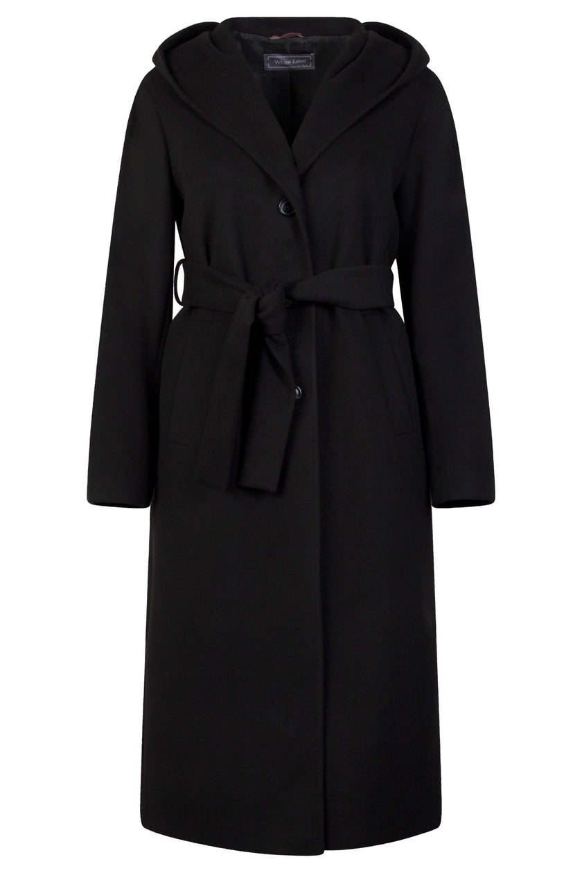 Langer schwarzer Mantel für Damen mit schrägen Leistentaschen, Kapuze und Bindegürtel in der Taille – Rückansicht