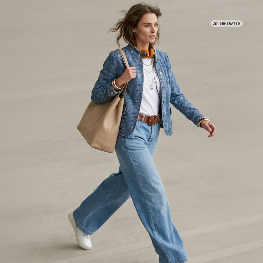 Model trägt einen Modern Country Look mit unserem Janker in Denim.