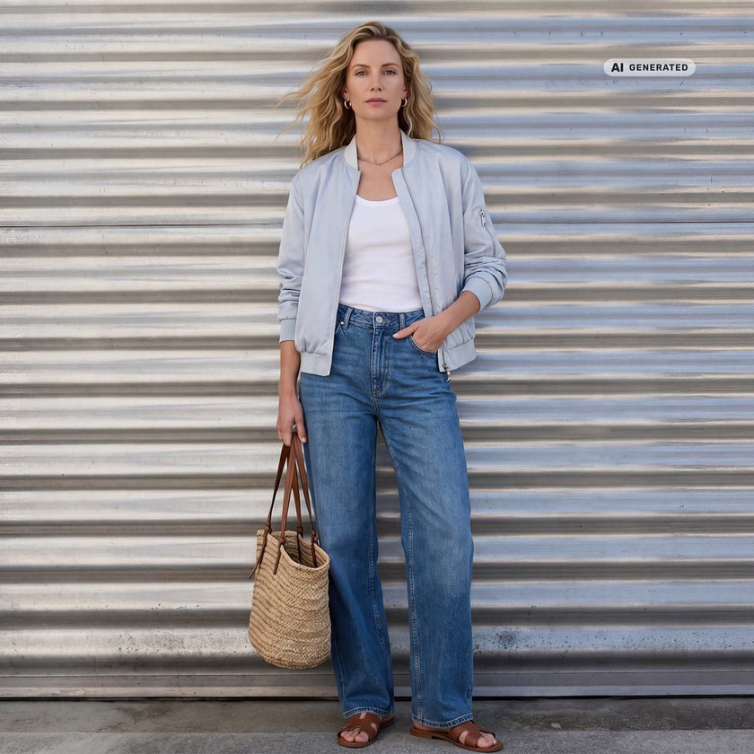 Model trägt hellblaues Blouson zur Jeans.