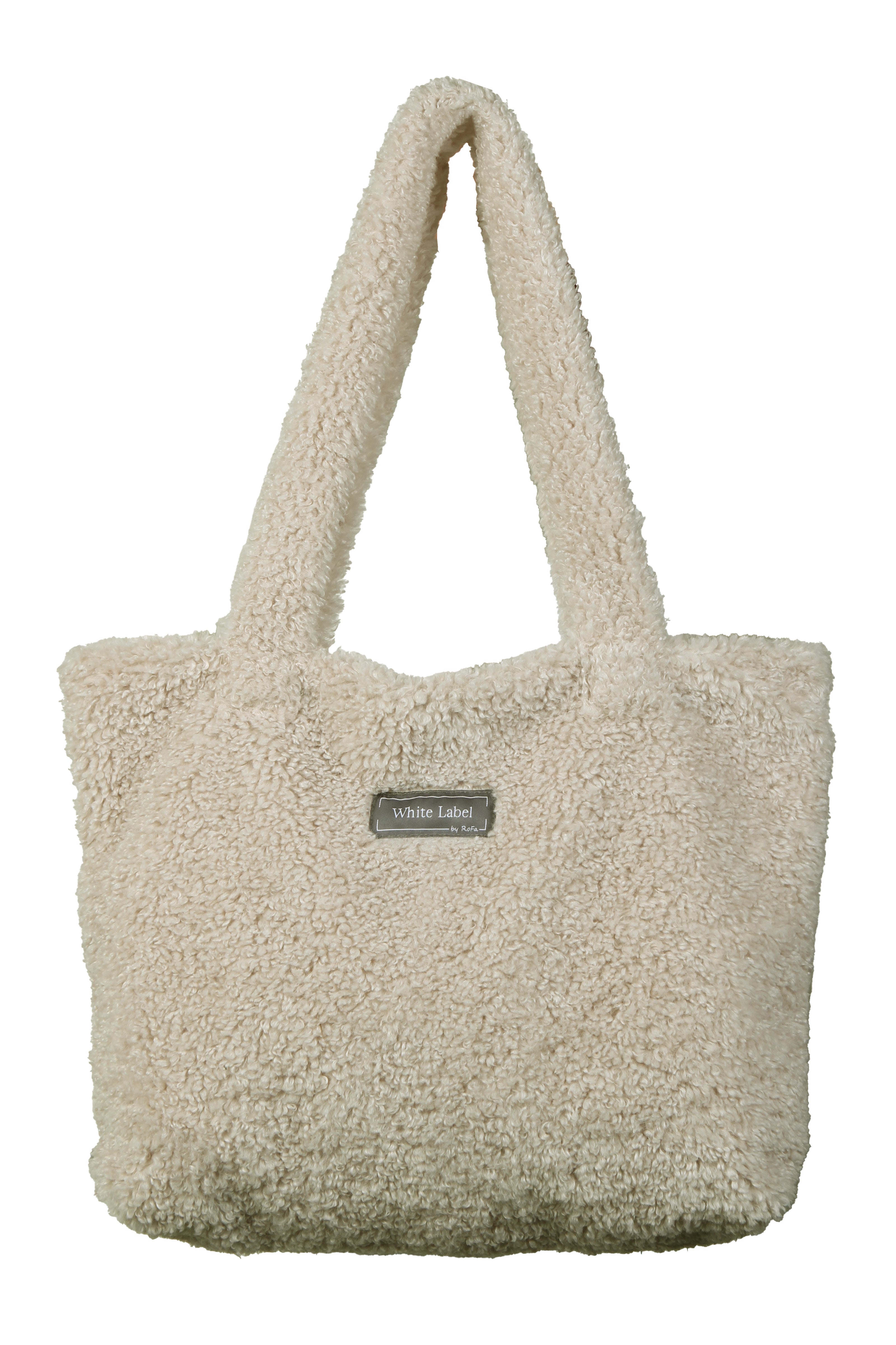 Umhängetasche aus Webpelz in der Farbe Creme mit Reißverschluss und zwei langen Henkeln.