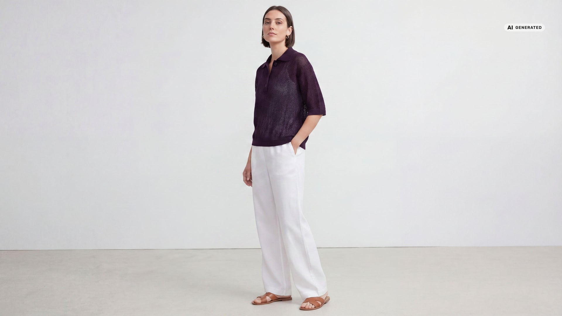 Model trägt Poloshirt in Ajour Strick.
