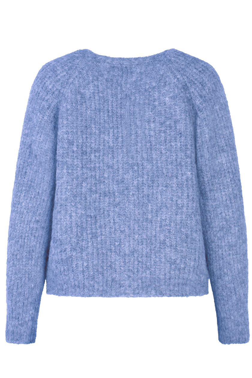 Flauschige kurze Mohair-Strickjacke in der Farbe Blau mit V-Ausschnitt und langen Ärmeln – Rückansicht
