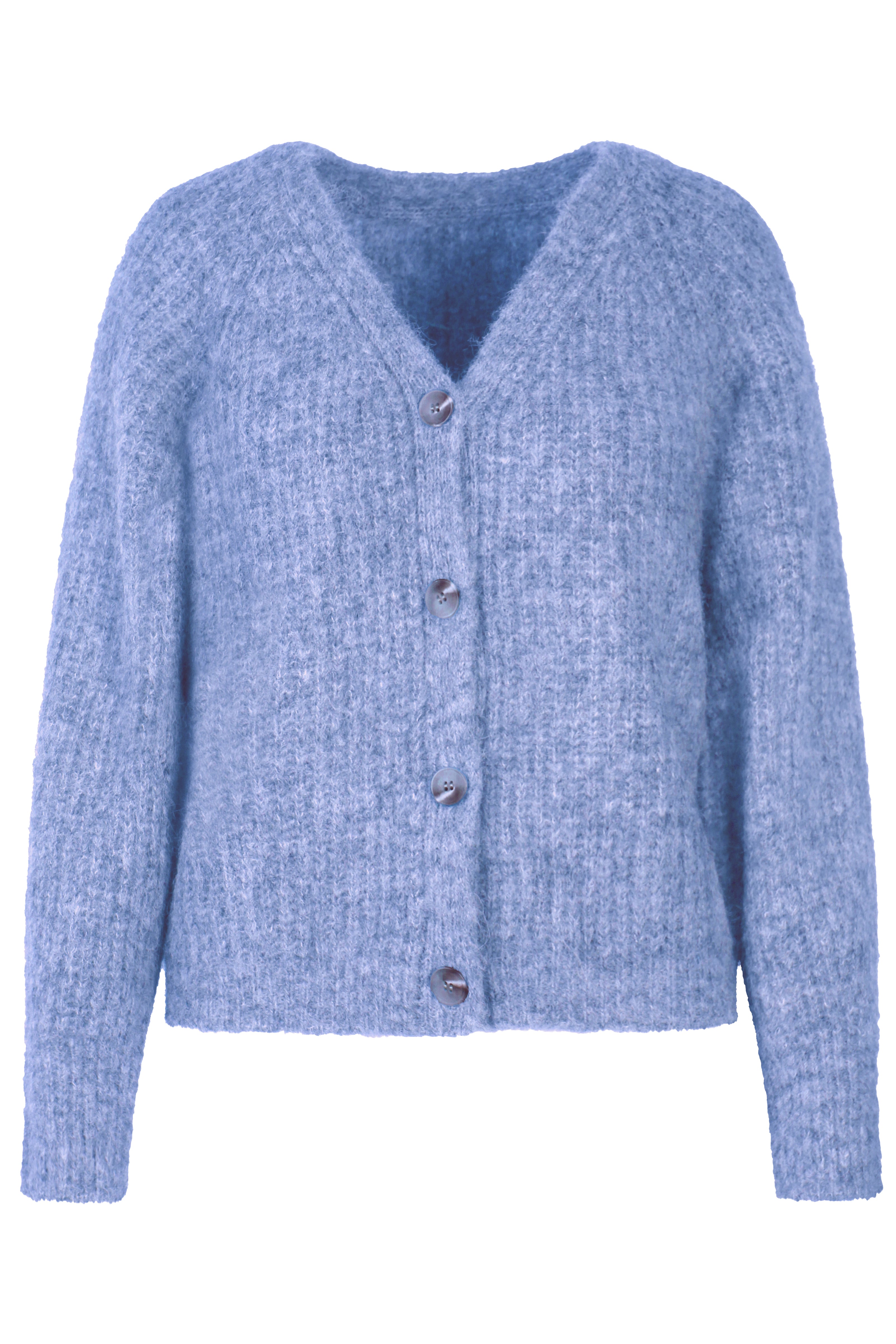 Flauschige kurze Mohair-Strickjacke in der Farbe Blau mit V-Ausschnitt und langen Ärmeln – Vorderansicht
