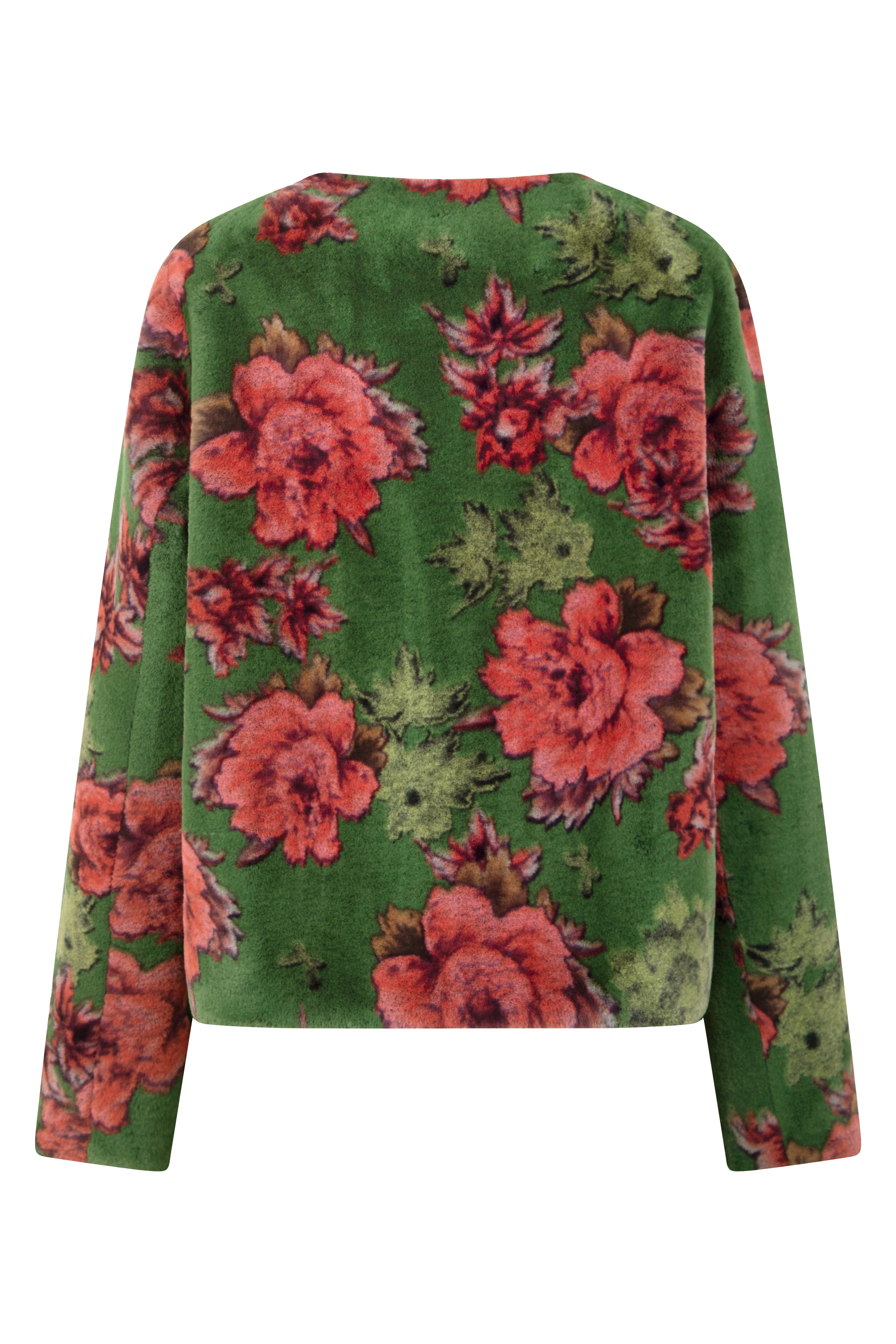 Langärmelige Webpelzjacke für Damen in der Farbe Grün mit flamingo-rosa-farbigem Blütendruck – Rückansicht