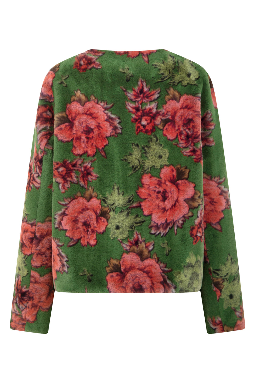 Langärmelige Webpelzjacke für Damen in der Farbe Grün mit flamingo-rosa-farbigem Blütendruck – Rückansicht