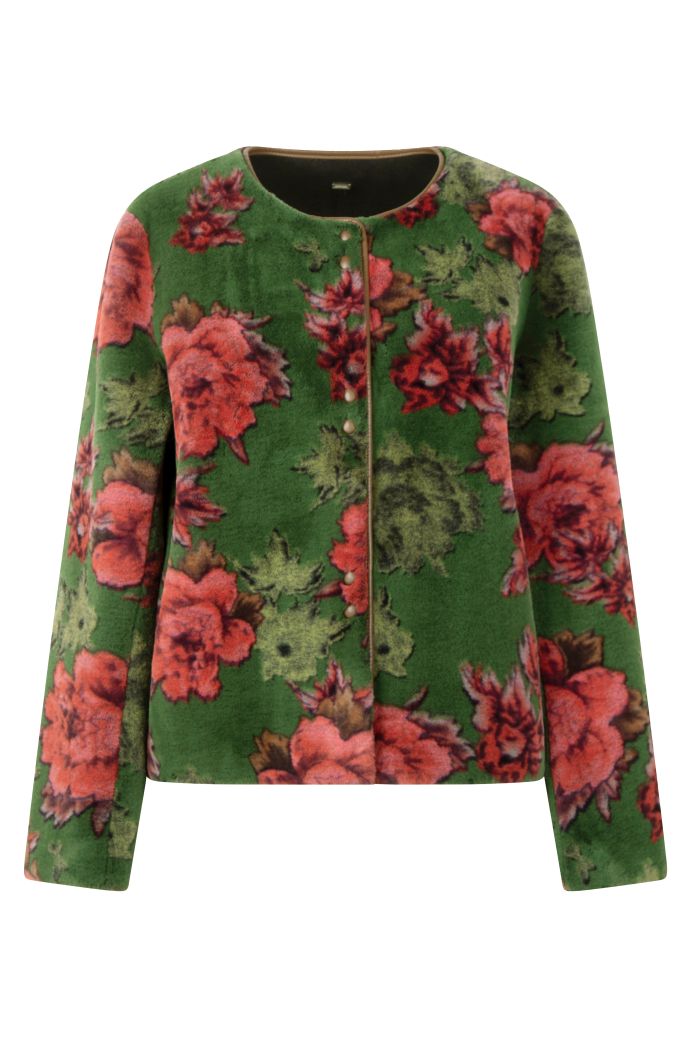 Langärmelige Webpelzjacke für Damen in der Farbe Grün mit flamingo-rosa-farbigem Blütendruck – Vorderansicht