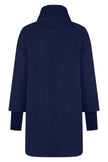 Navy farbener gefütterter Wollmantel für Damen mit hohen Ärmelmanschetten und Stehkragen – Rückenseite