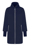 Navy farbener gefütterter Wollmantel für Damen mit hohen Ärmelmanschetten und Stehkragen – Vorderseite