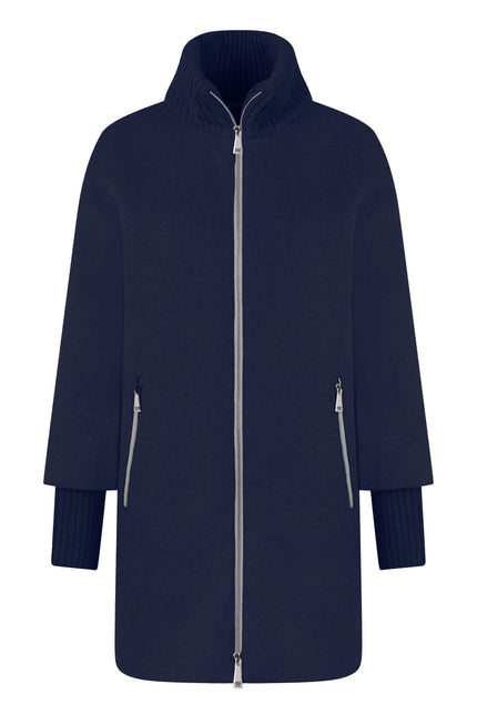 Navy farbener gefütterter Wollmantel für Damen mit hohen Ärmelmanschetten und Stehkragen – Vorderseite