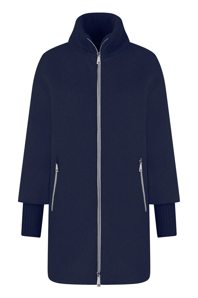 Navy farbener gefütterter Wollmantel für Damen mit hohen Ärmelmanschetten und Stehkragen – Vorderseite